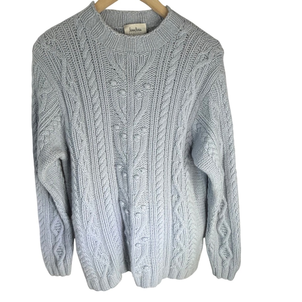 Neiman Marcus Cashmere Light Blue Hand Knit Cable Popcorn Bobble Sweater Large